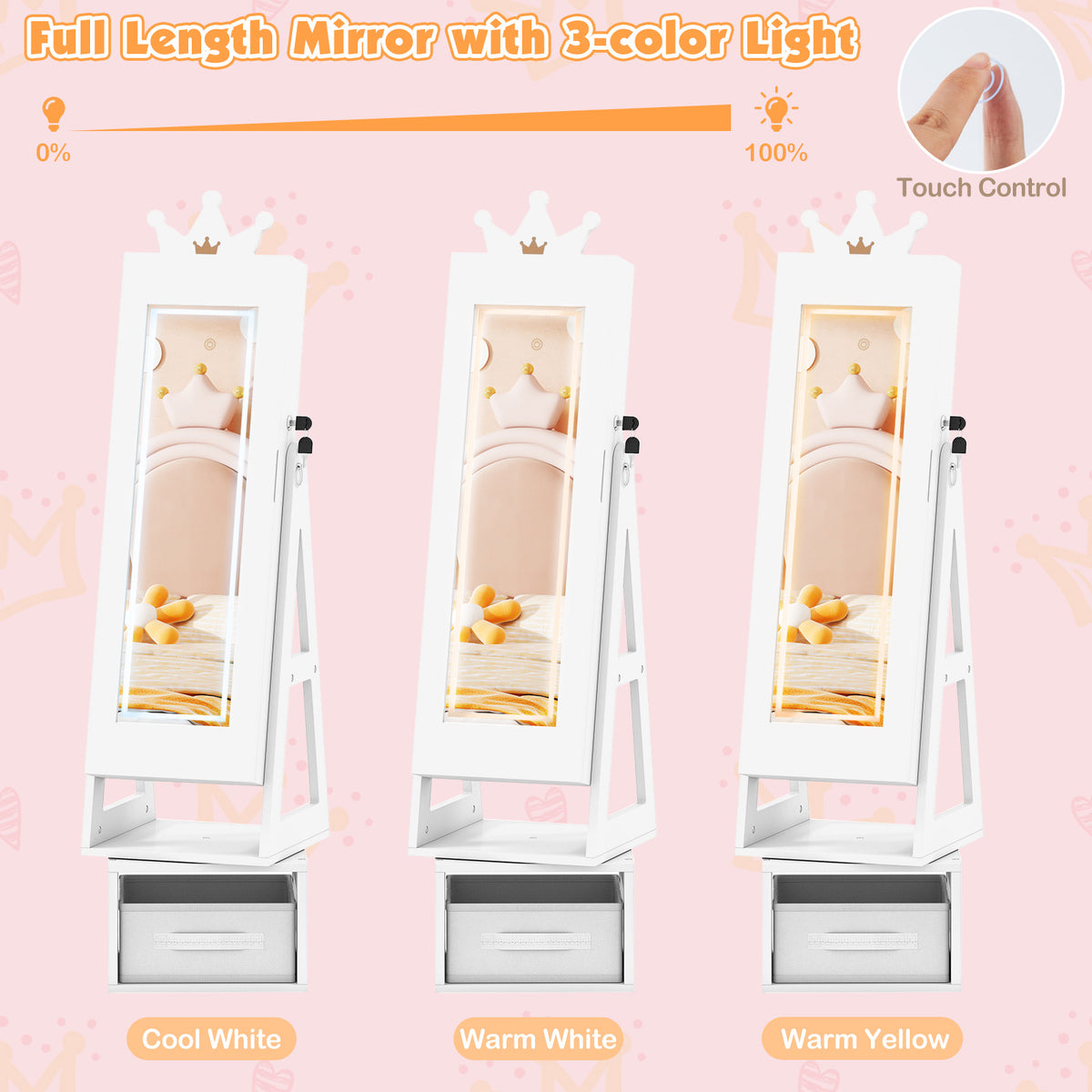 Kids Jewelry Cabinet with 3-Color Lighted Full Length Mirror - Crown, White