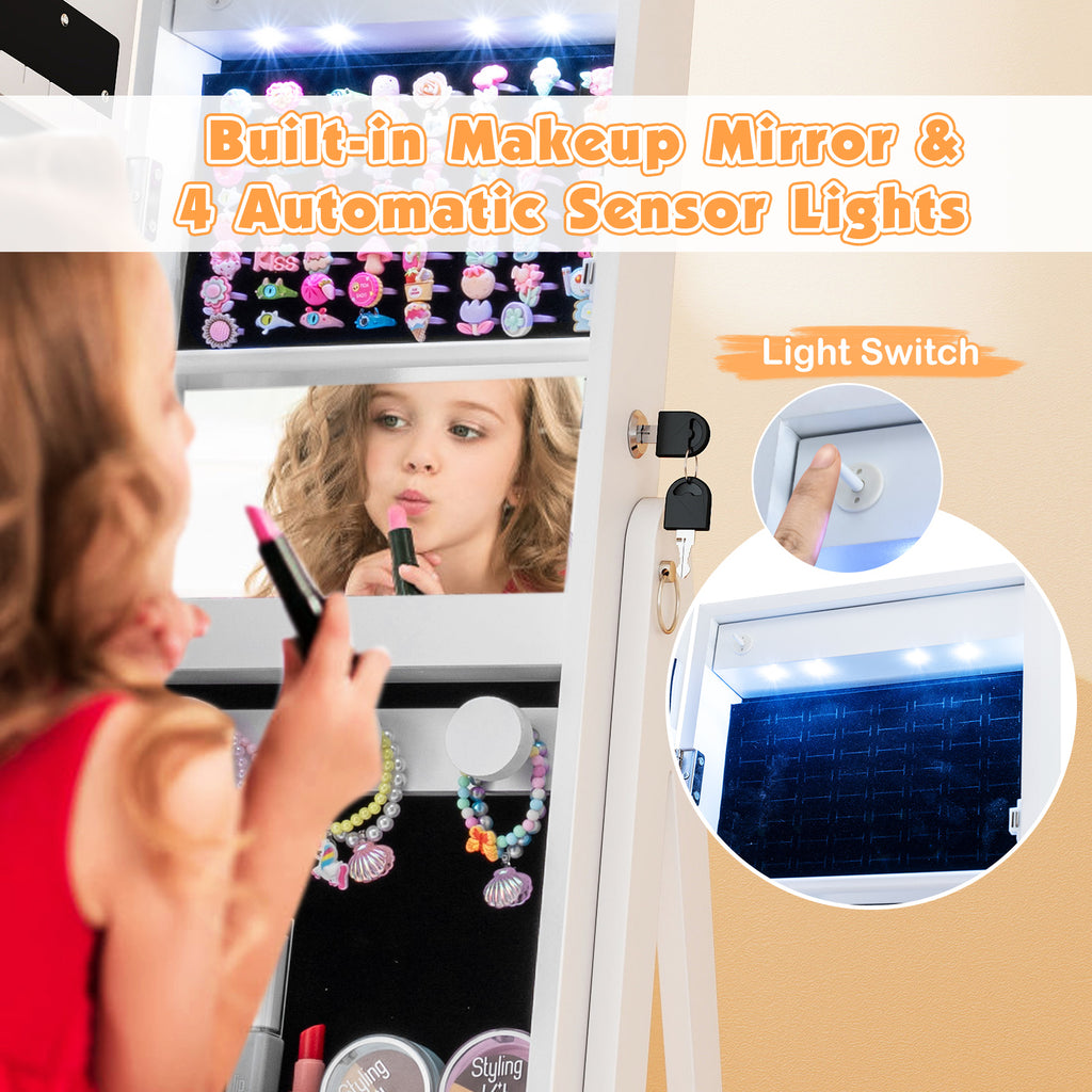 Kids Jewelry Cabinet with 3-Color Lighted Full Length Mirror - Crown, White