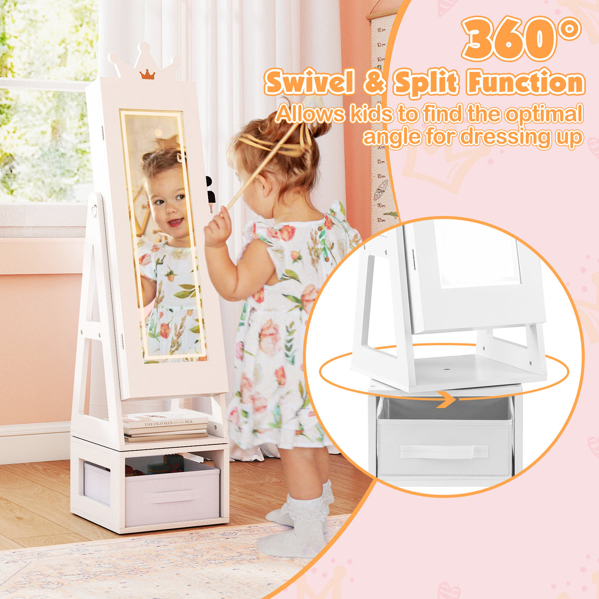 Kids Jewelry Cabinet with 3-Color Lighted Full Length Mirror - Crown, White