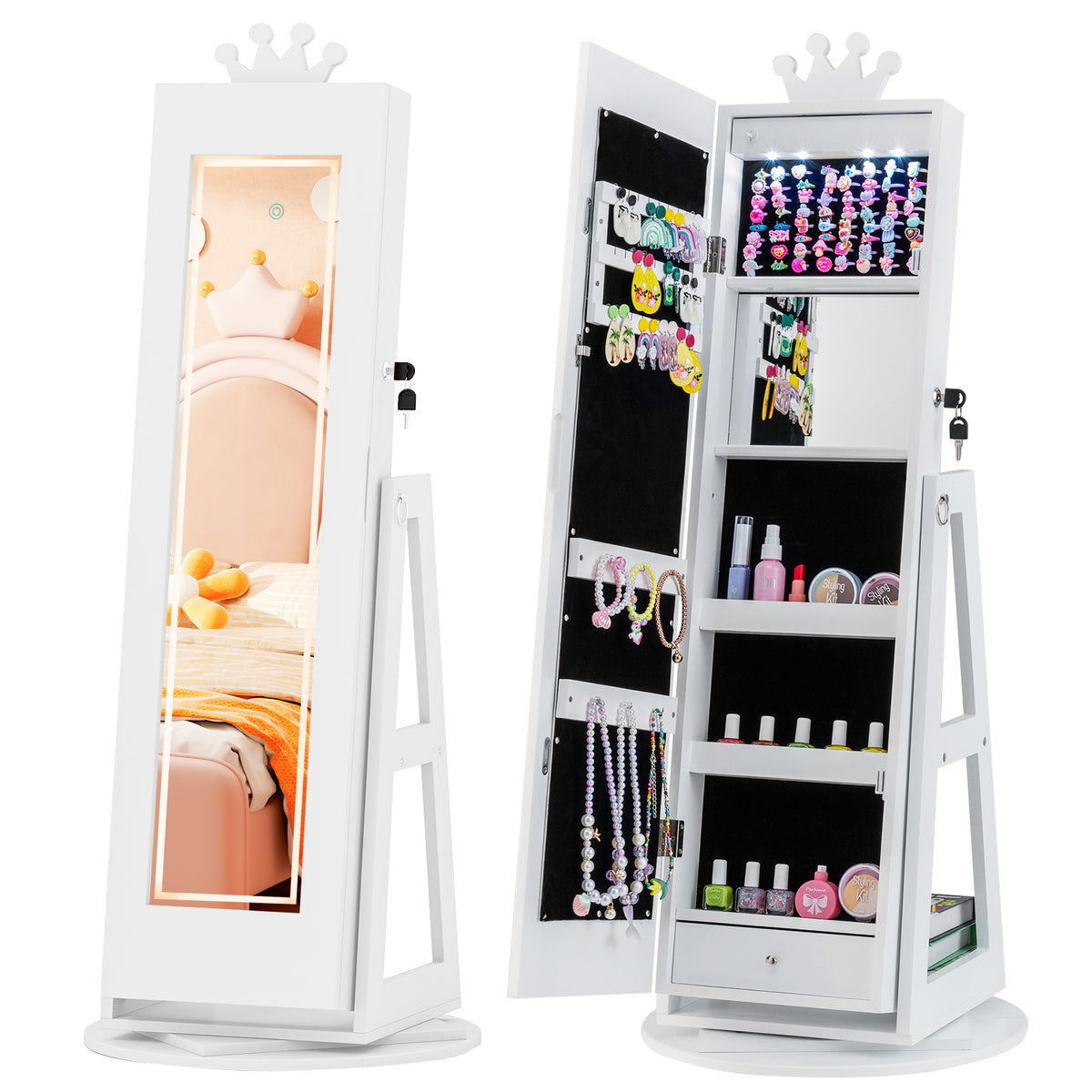 Kids Jewelry Cabinet with 3-Color Lighted Full Length Mirror - White