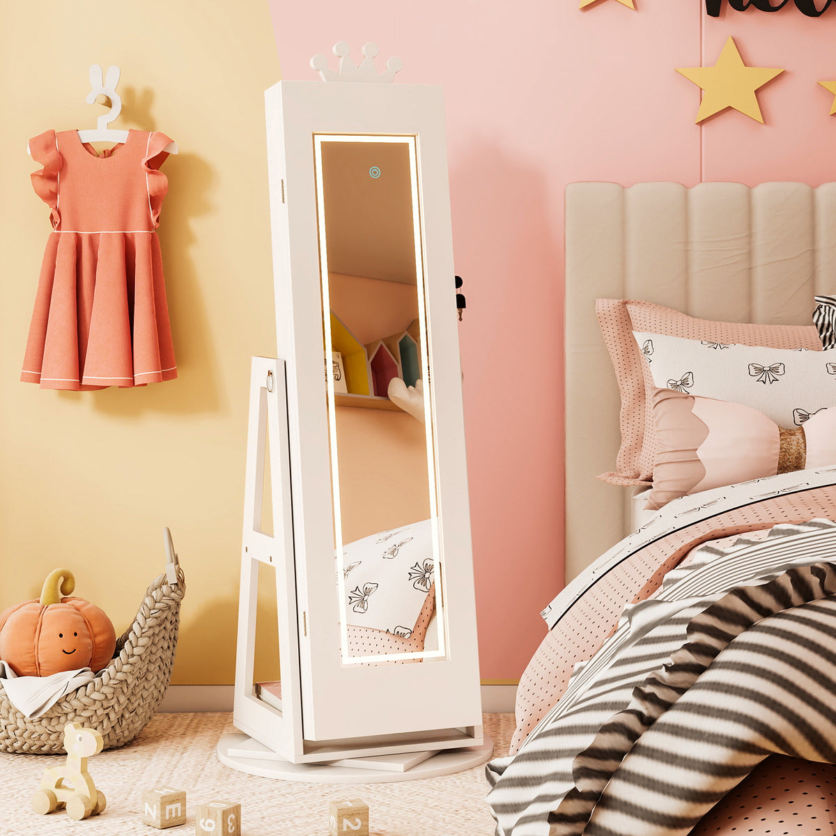 Kids Jewelry Cabinet with 3-Color Lighted Full Length Mirror - White