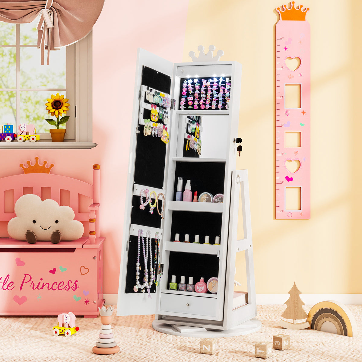 Kids Jewelry Cabinet with 3-Color Lighted Full Length Mirror - White