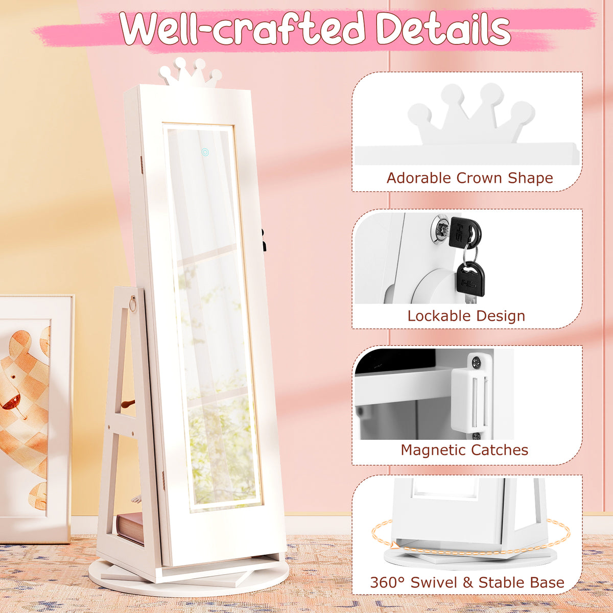 Kids Jewelry Cabinet with 3-Color Lighted Full Length Mirror - White