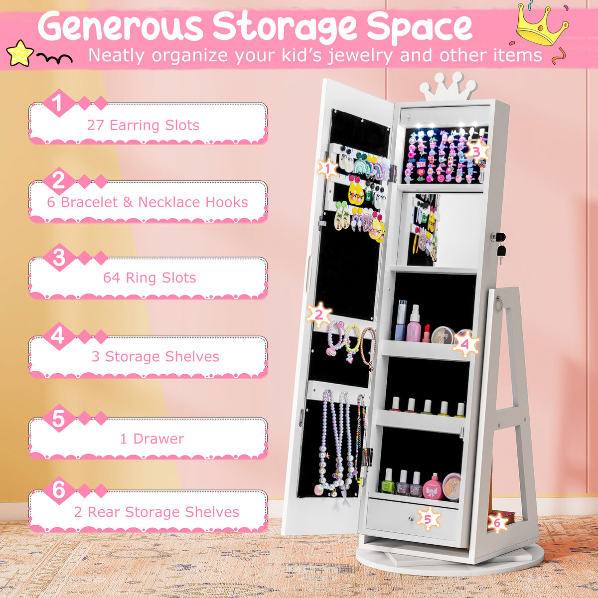Kids Jewelry Cabinet with 3-Color Lighted Full Length Mirror - White