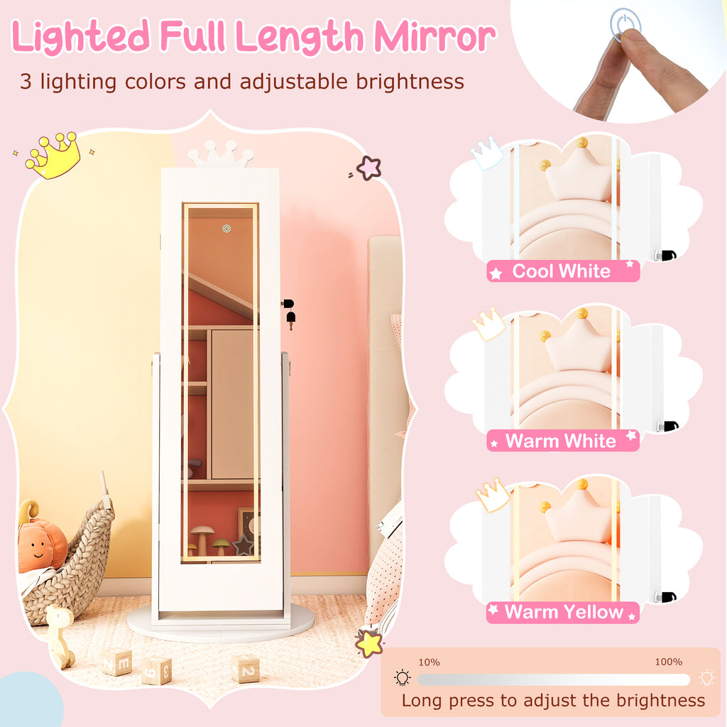 Kids Jewelry Cabinet with 3-Color Lighted Full Length Mirror - White
