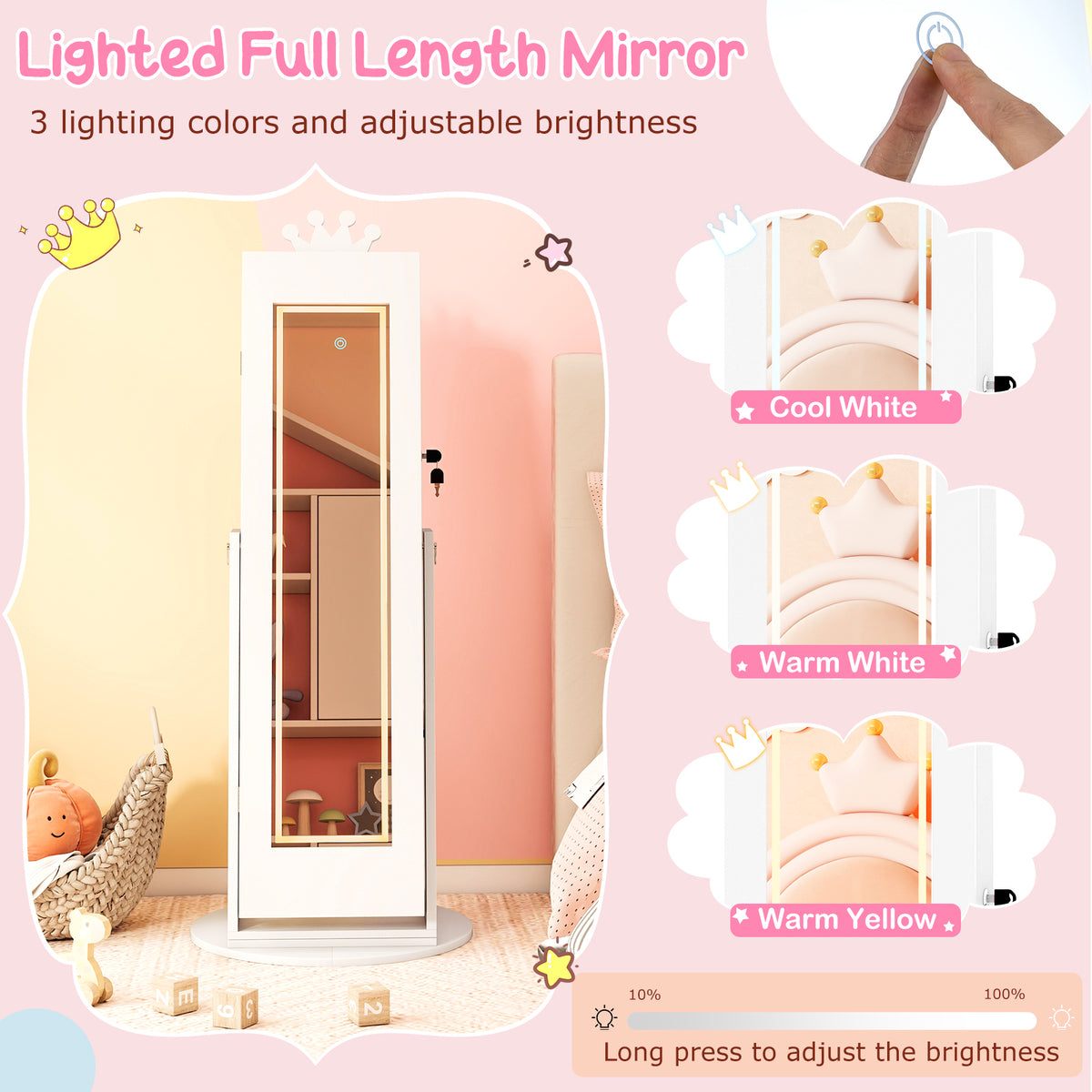 Kids Jewelry Cabinet with 3-Color Lighted Full Length Mirror - White
