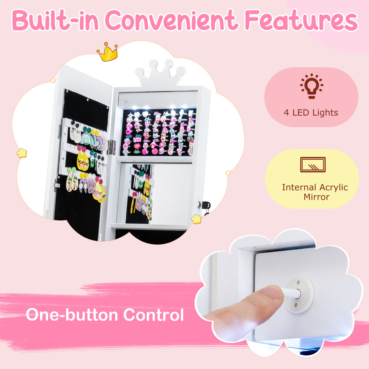 Kids Jewelry Cabinet with 3-Color Lighted Full Length Mirror - White