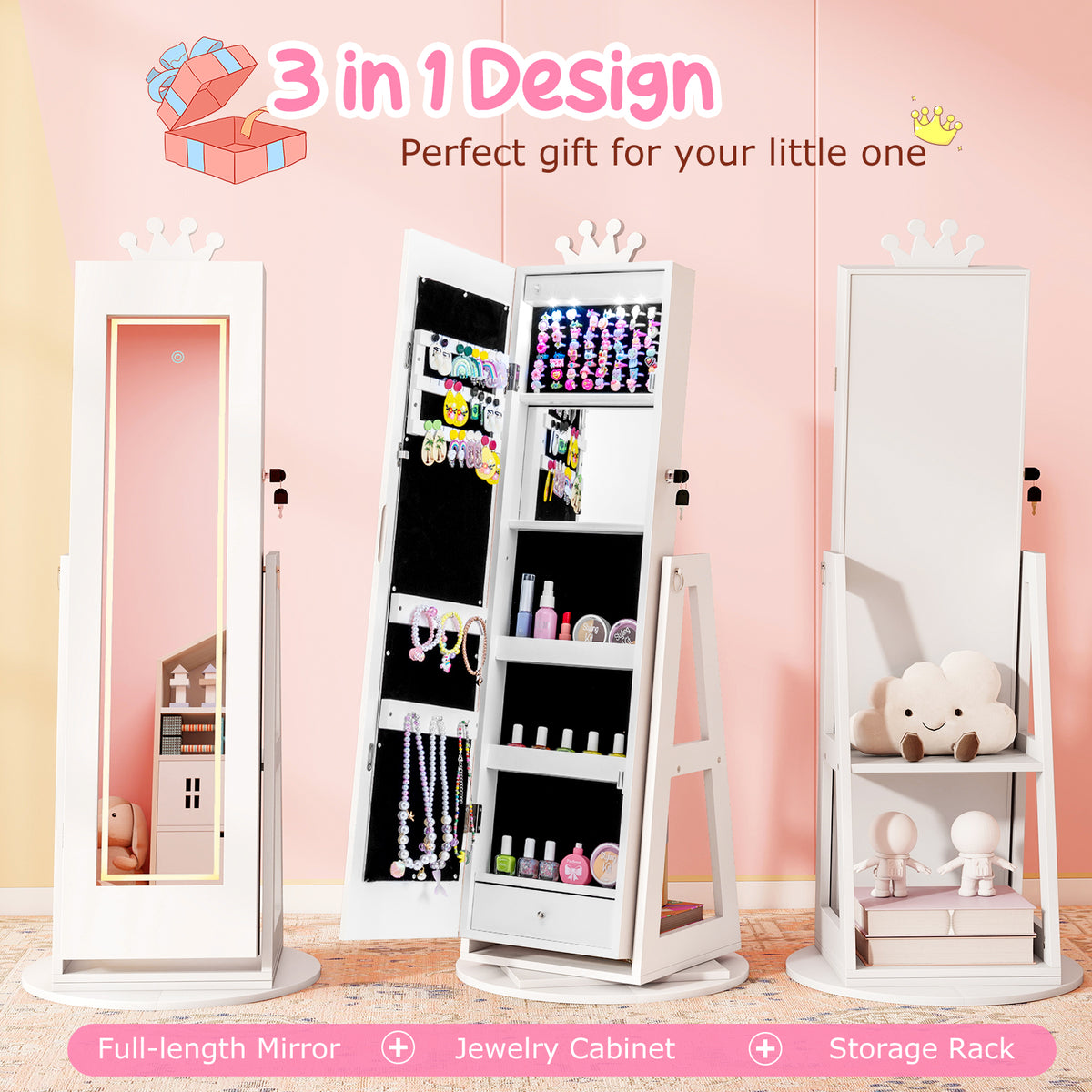 Kids Jewelry Cabinet with 3-Color Lighted Full Length Mirror - White