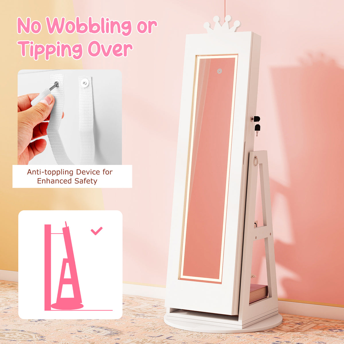 Kids Jewelry Cabinet with 3-Color Lighted Full Length Mirror - White