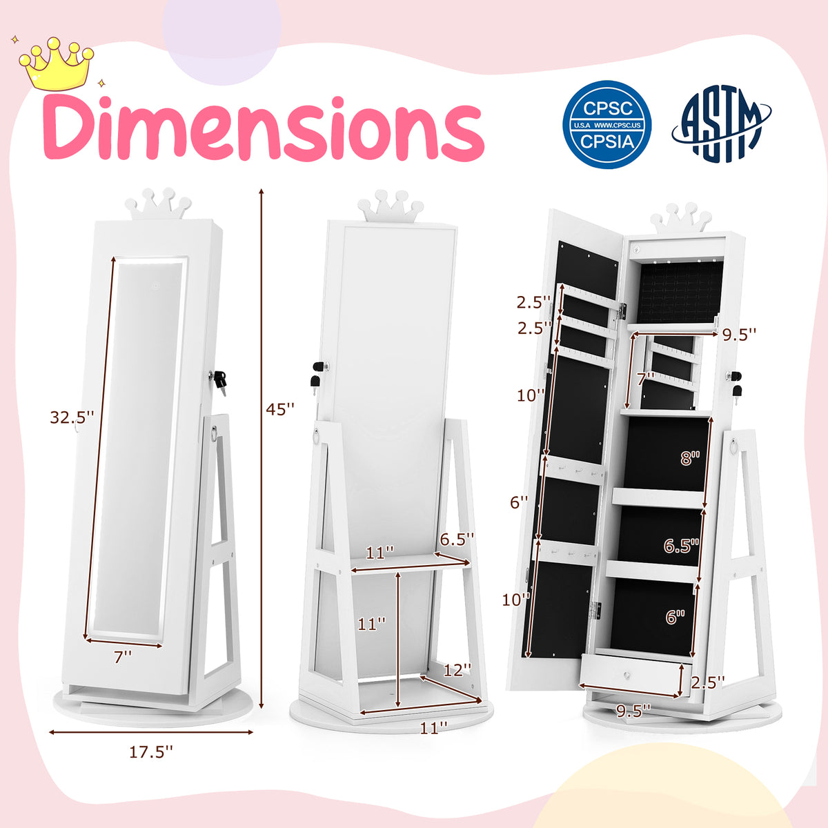 Kids Jewelry Cabinet with 3-Color Lighted Full Length Mirror - White