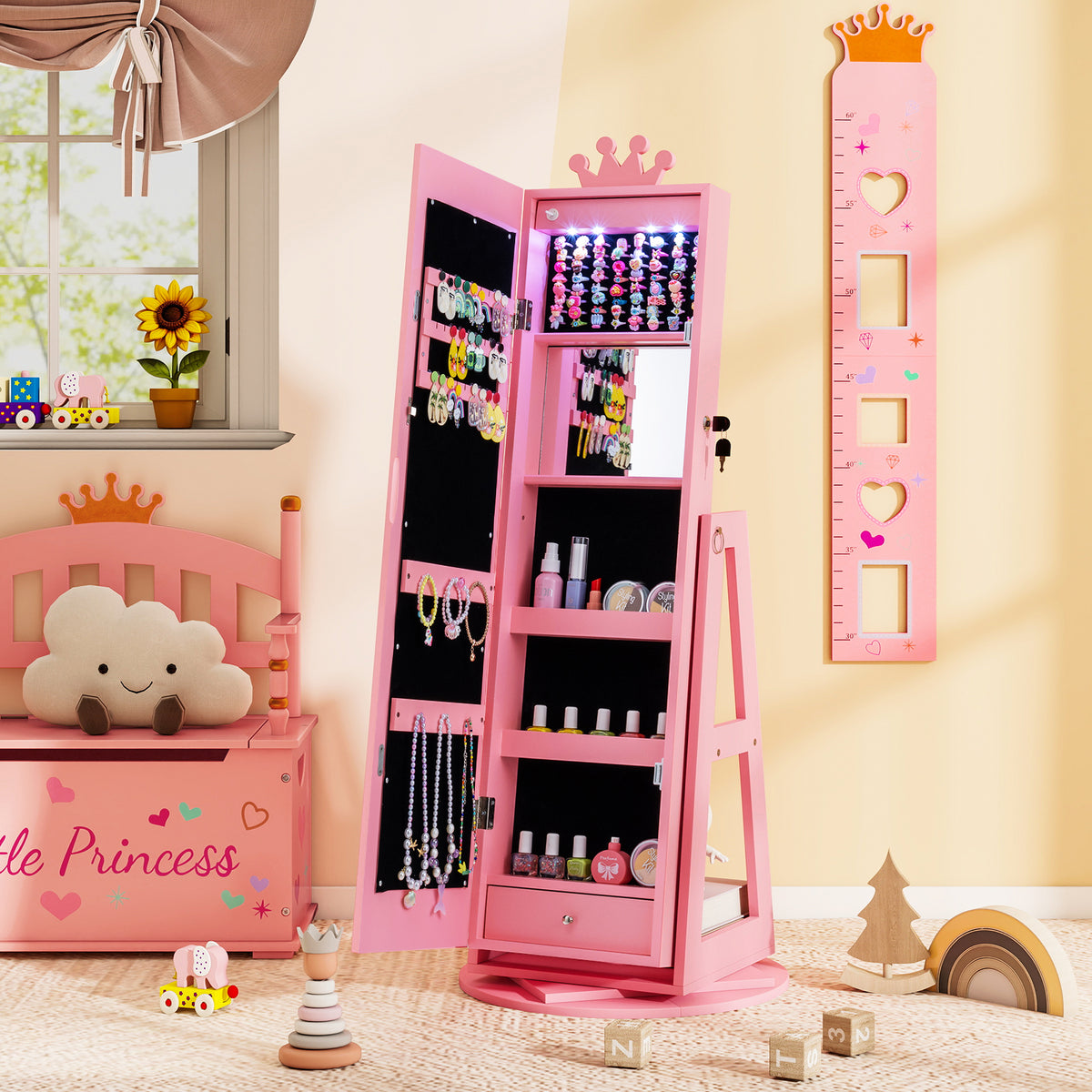 Kids Jewelry Cabinet with 3-Color Lighted Full Length Mirror - White