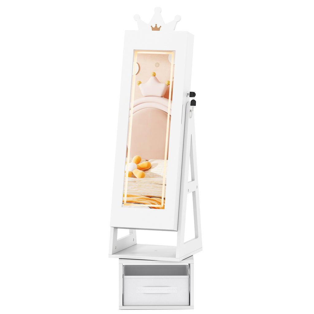 Kids Jewelry Cabinet with 3-Color Lighted Full Length Mirror - Crown, White