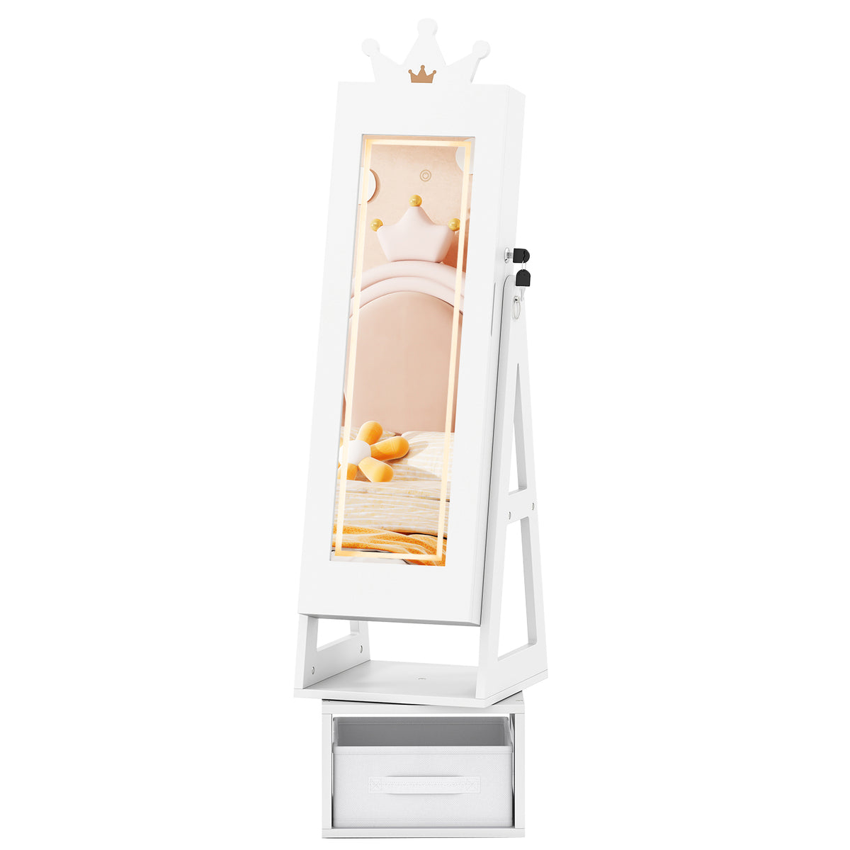 Kids Jewelry Cabinet with 3-Color Lighted Full Length Mirror - Crown, White