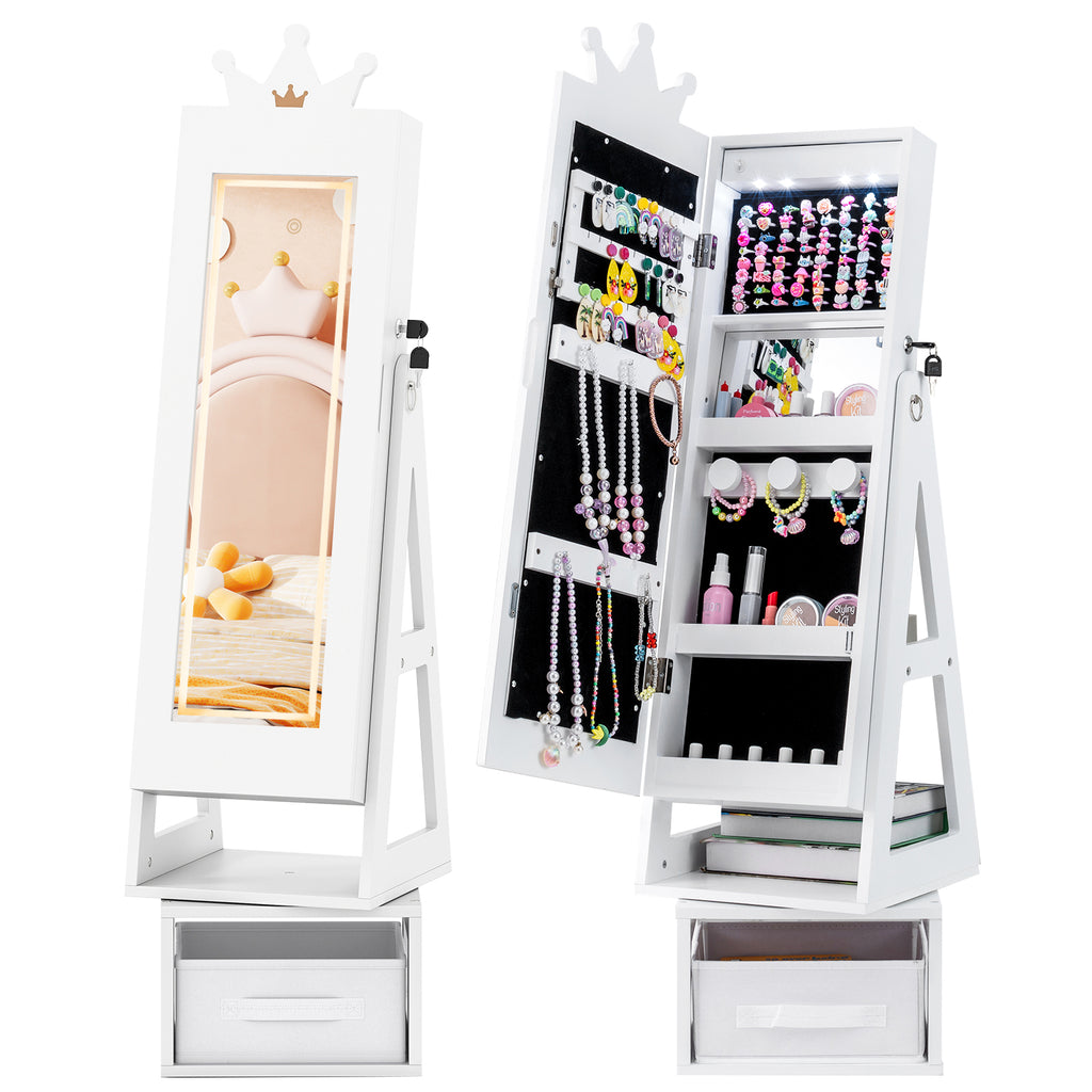 Kids Jewelry Cabinet with 3-Color Lighted Full Length Mirror - Crown, White