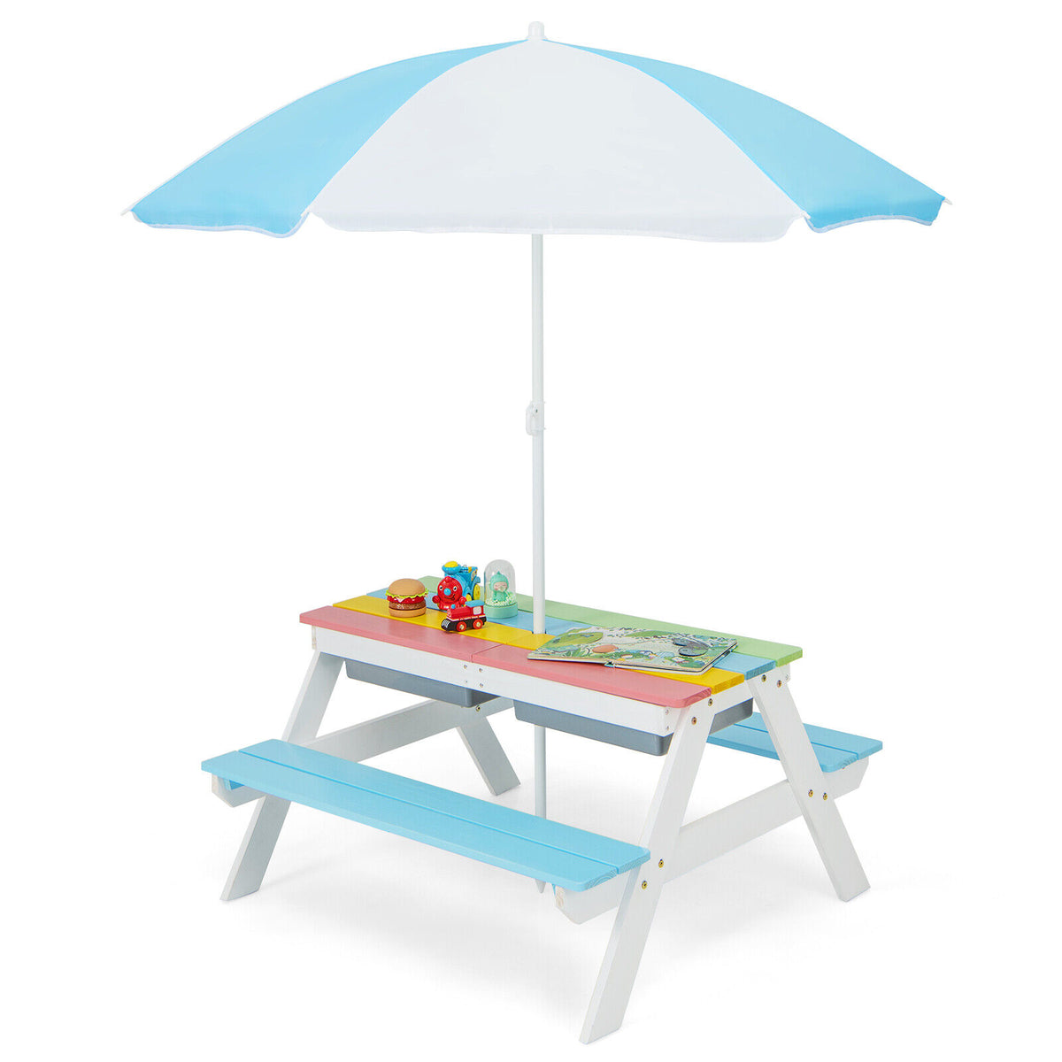 Kids 3-in-1 Outdoor Water & Sand Play Table with Removable Umbrella & Storage Boxes - Blue