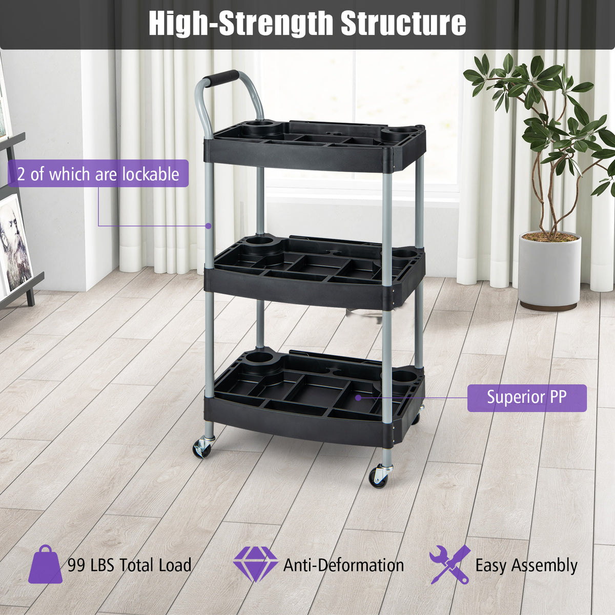 3 Layer Detailing Tool Utility Cart Organizer Mobile Rolling with