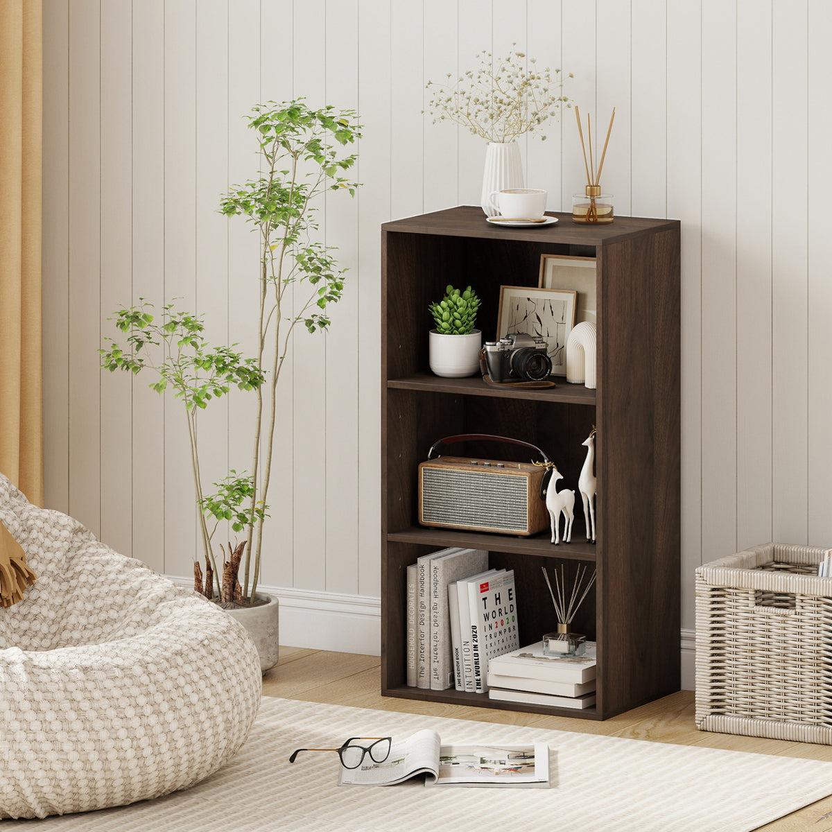 3-Shelf Cube Bookcase with Adjustable Shelves, Rustic Brown