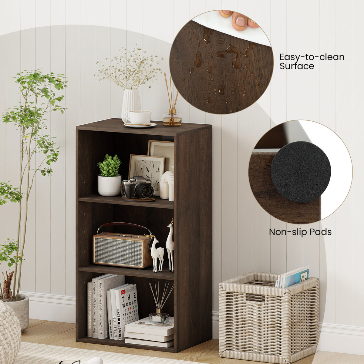 3-Shelf Cube Bookcase with Adjustable Shelves, Rustic Brown