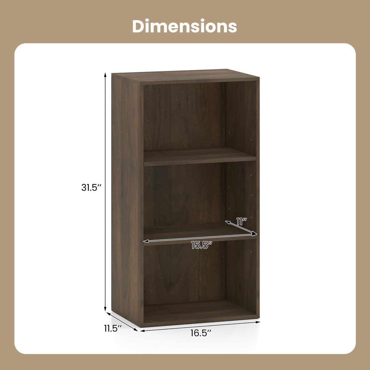 3-Shelf Cube Bookcase with Adjustable Shelves, Rustic Brown
