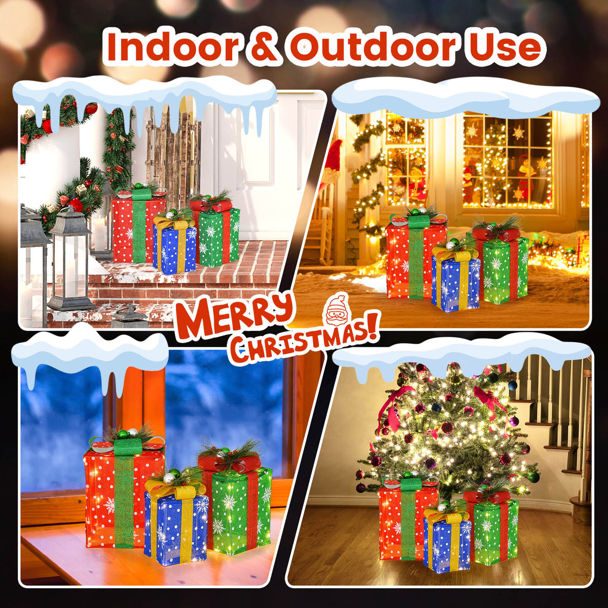Set of 3 Christmas Lighted Gift Boxes with 52 Pre-lit LED Lights - Festive Holiday Decor