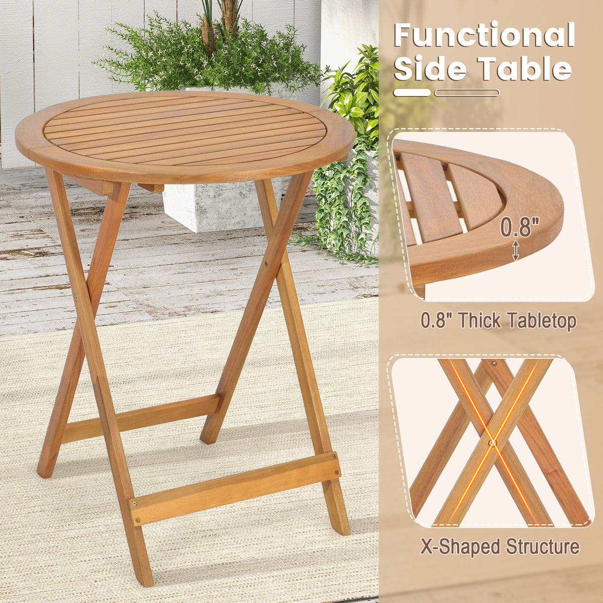 3 Pieces Folding Patio Bistro Set with Slatted Tabletop