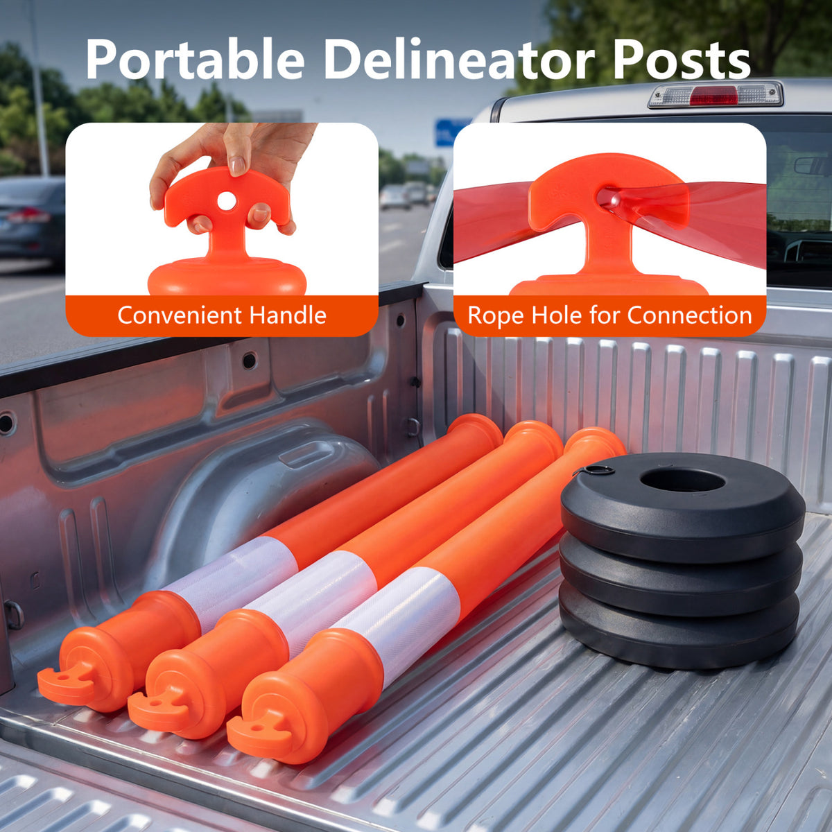 3 Pack Traffic Delineator Posts with Fillable Base for Parking Lots