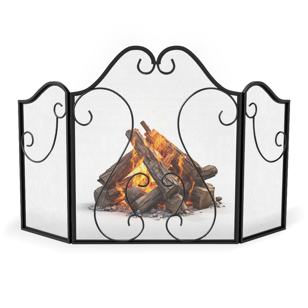 3-Panel Fireplace Screen Foldable Spark Guard with Scrolling Design