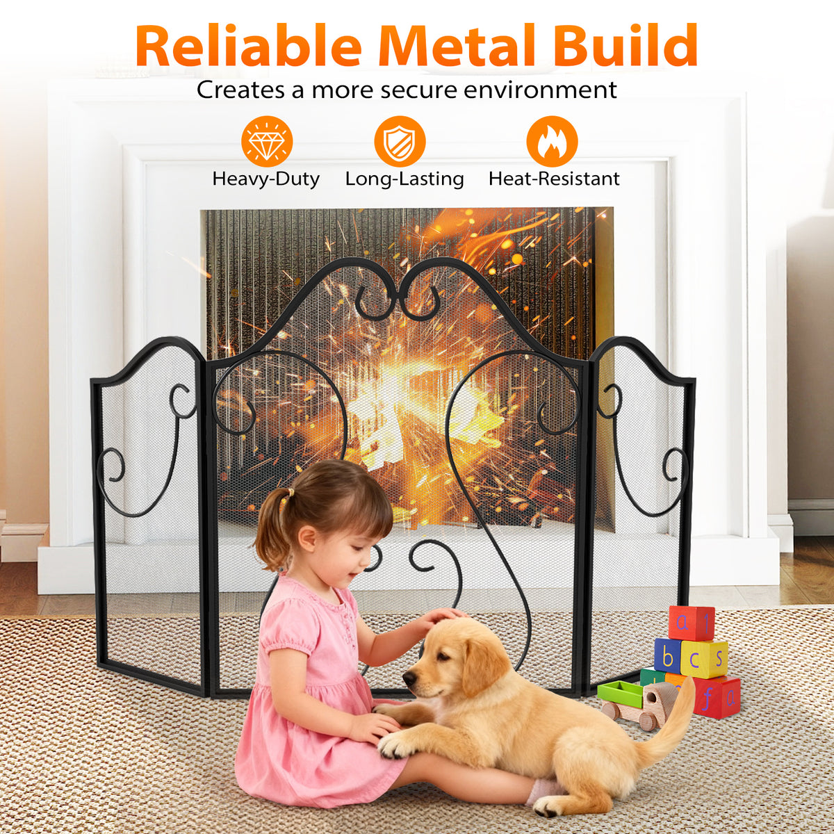 3-Panel Fireplace Screen Foldable Spark Guard with Scrolling Design