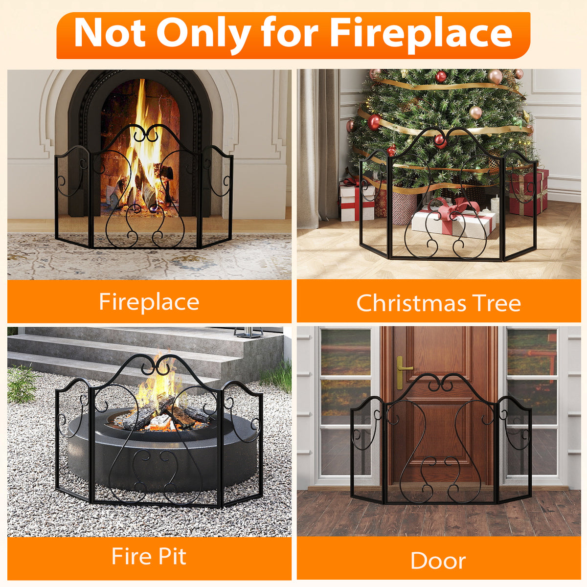 3-Panel Fireplace Screen Foldable Spark Guard with Scrolling Design