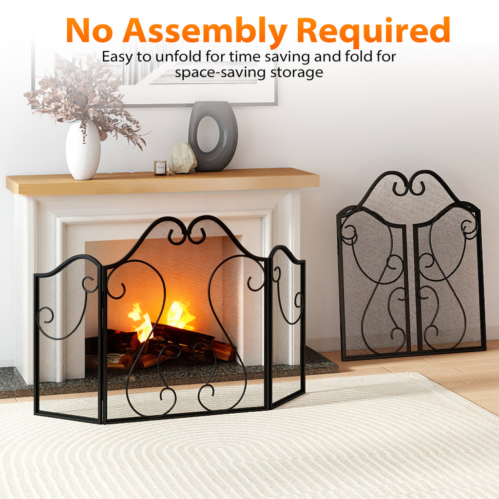 3-Panel Fireplace Screen Foldable Spark Guard with Scrolling Design