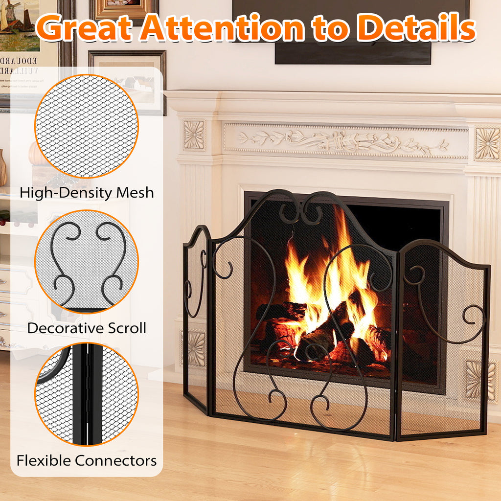 3-Panel Fireplace Screen Foldable Spark Guard with Scrolling Design