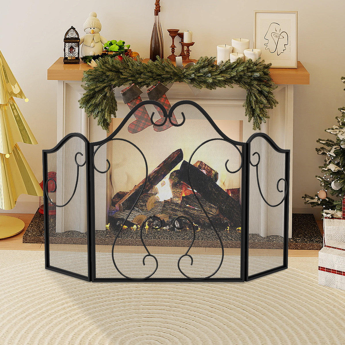 3-Panel Fireplace Screen Foldable Spark Guard with Scrolling Design