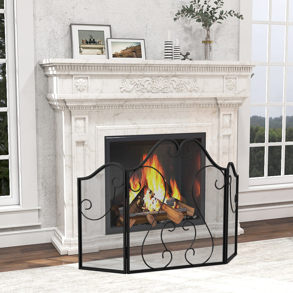 3-Panel Fireplace Screen Foldable Spark Guard with Scrolling Design