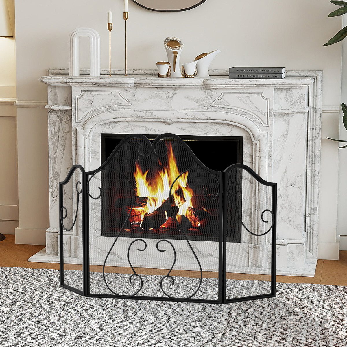 3-Panel Fireplace Screen Foldable Spark Guard with Scrolling Design