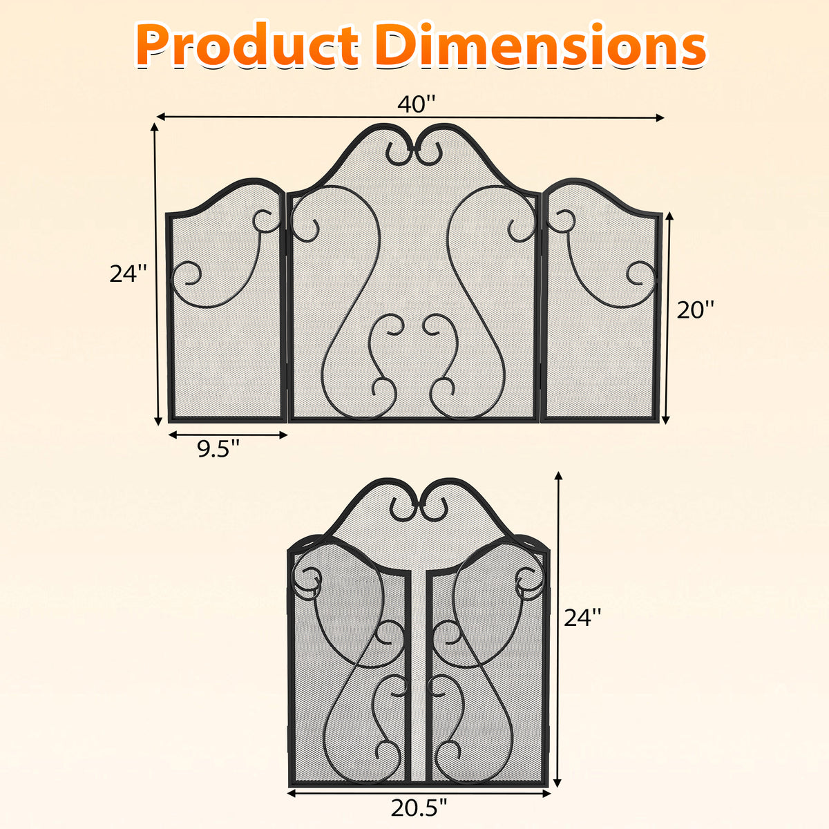 3-Panel Fireplace Screen Foldable Spark Guard with Scrolling Design