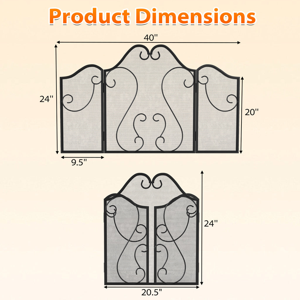 3-Panel Fireplace Screen Foldable Spark Guard with Scrolling Design