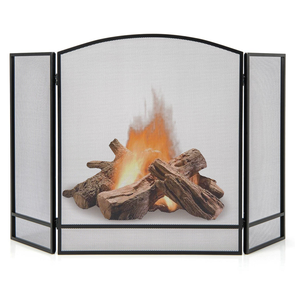 3-Panel Foldable Fireplace Screen with Wrought Metal Mesh