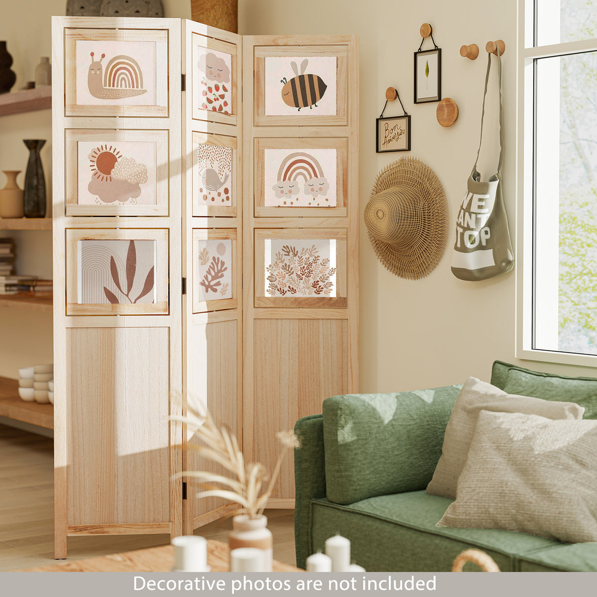 Natural 3-Panel Folding Privacy Screen with 9 Swivel Photo Frames