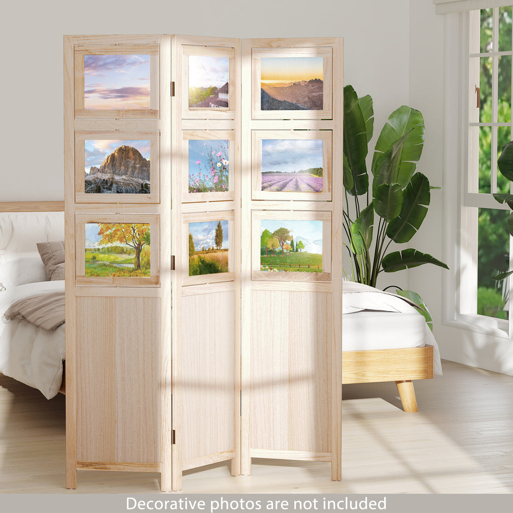 Natural 3-Panel Folding Privacy Screen with 9 Swivel Photo Frames