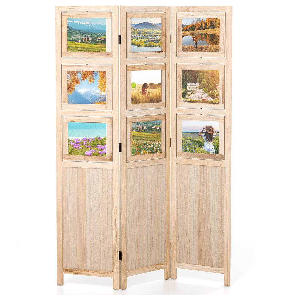 Natural 3-Panel Folding Privacy Screen with 9 Swivel Photo Frames