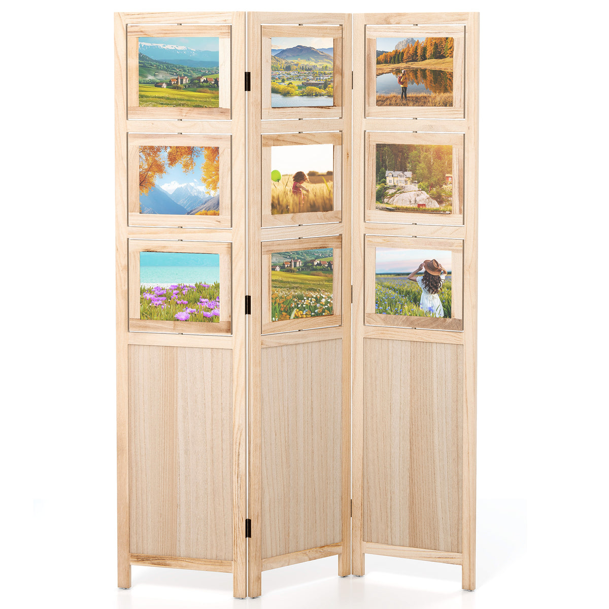 Natural 3-Panel Folding Privacy Screen with 9 Swivel Photo Frames