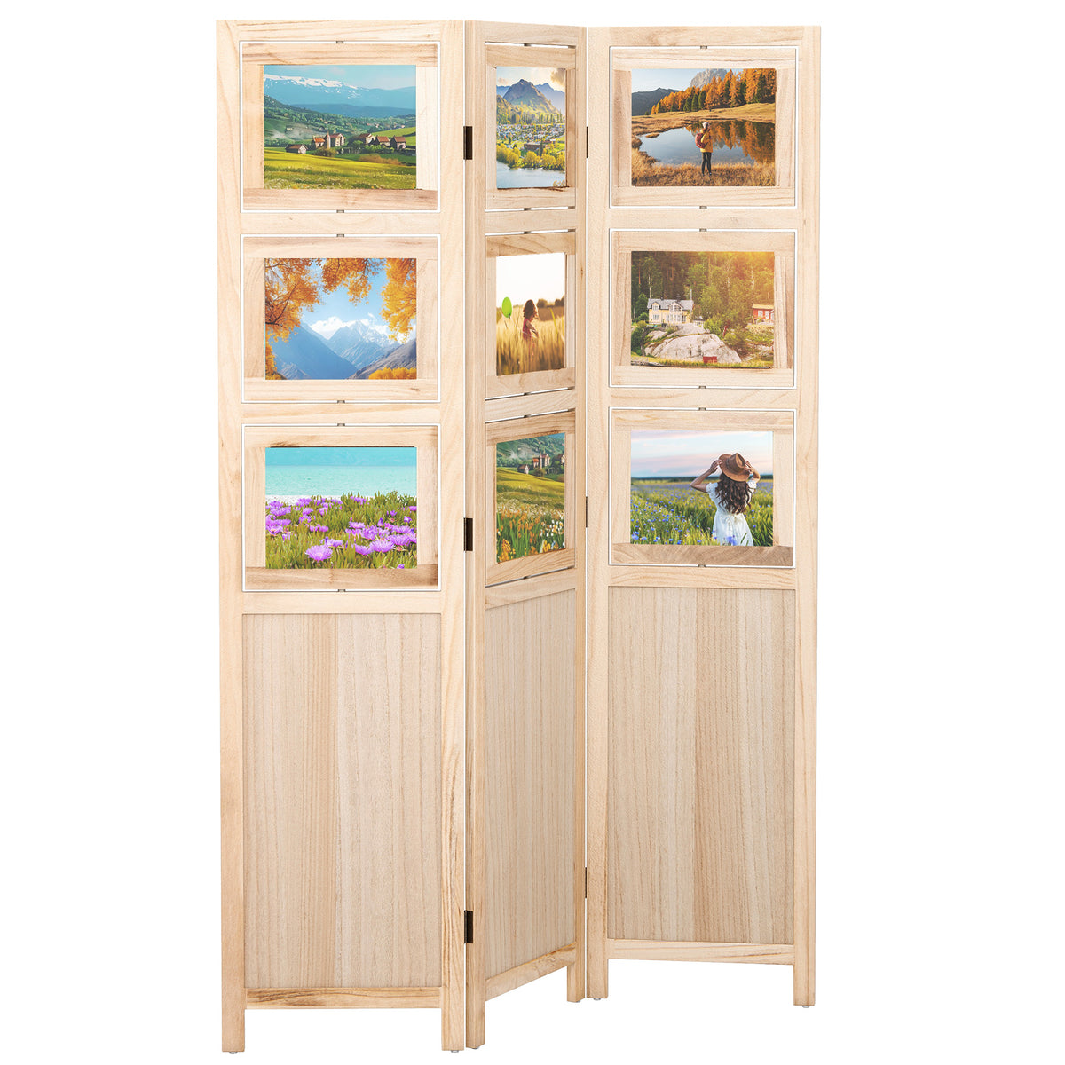 Natural 3-Panel Folding Privacy Screen with 9 Swivel Photo Frames