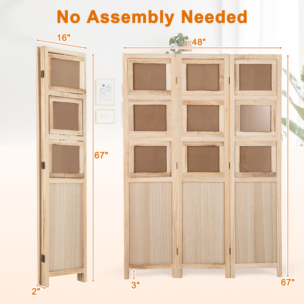 Natural 3-Panel Folding Privacy Screen with 9 Swivel Photo Frames