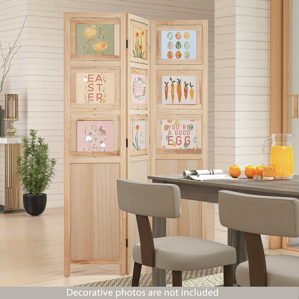 Natural 3-Panel Folding Privacy Screen with 9 Swivel Photo Frames