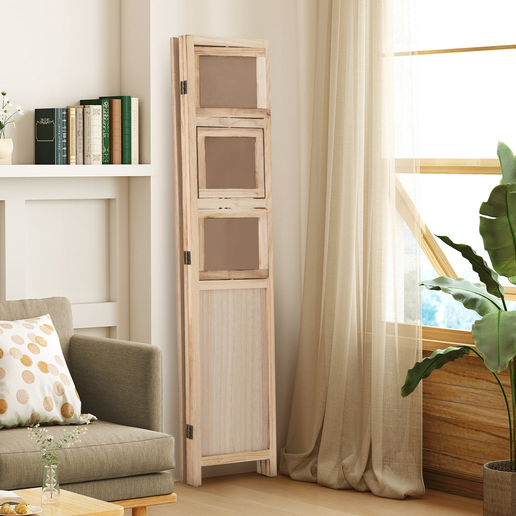 Natural 3-Panel Folding Privacy Screen with 9 Swivel Photo Frames