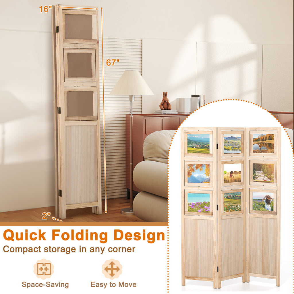 Natural 3-Panel Folding Privacy Screen with 9 Swivel Photo Frames