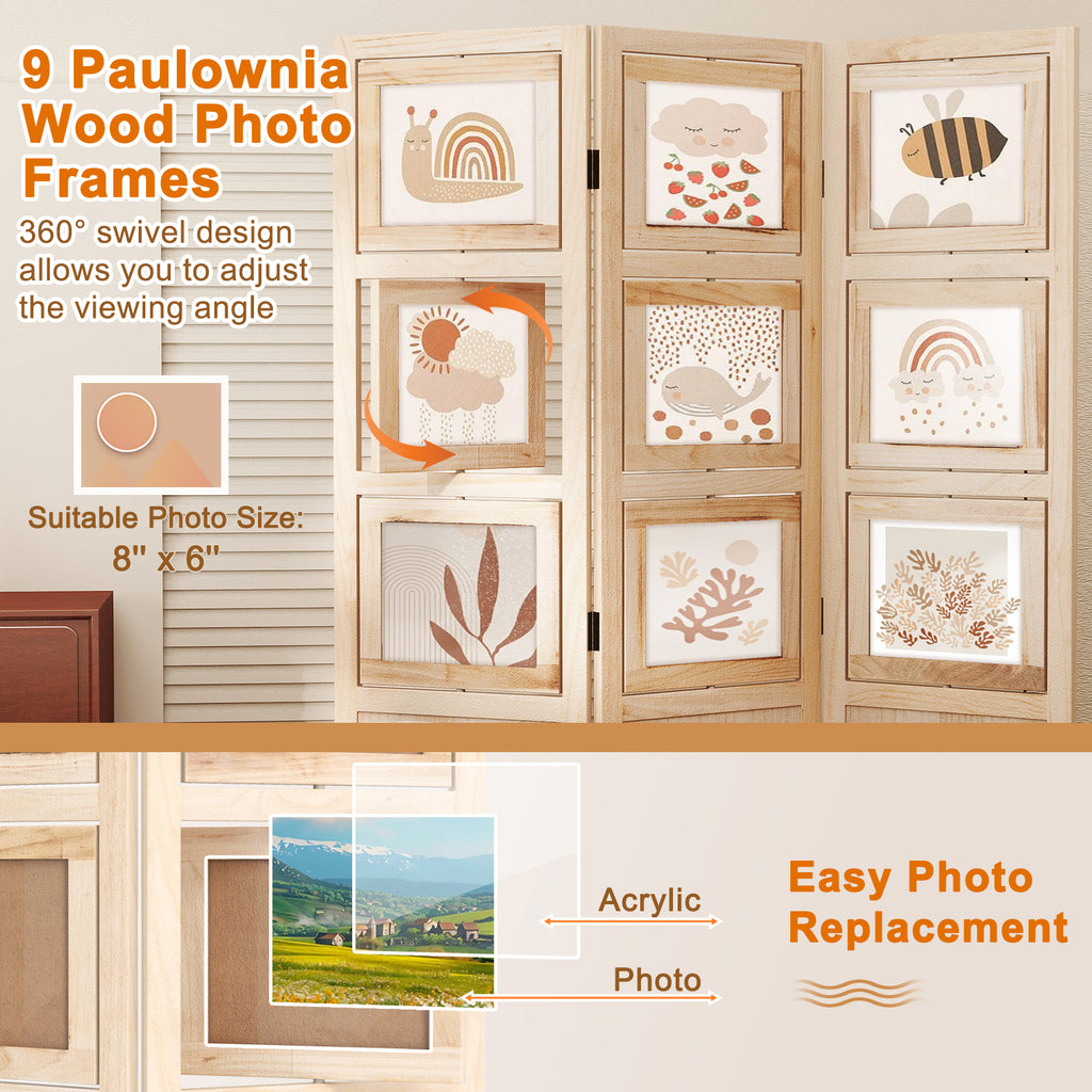 Natural 3-Panel Folding Privacy Screen with 9 Swivel Photo Frames
