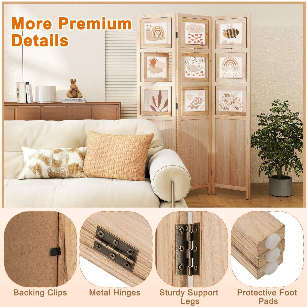 Natural 3-Panel Folding Privacy Screen with 9 Swivel Photo Frames