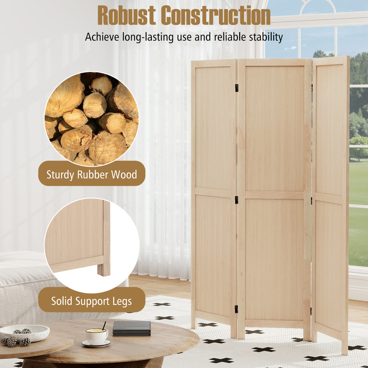 Beige 3 Panel Folding Room Divider for Home Office Bedroom Restaurant