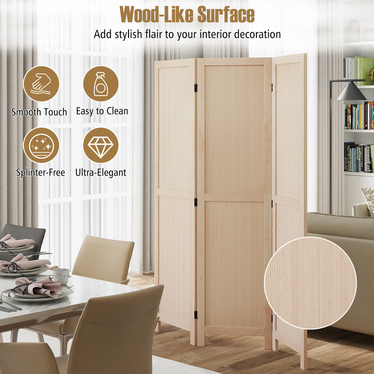 Beige 3 Panel Folding Room Divider for Home Office Bedroom Restaurant